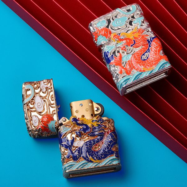 Bật lửa xăng đá Chief bọc lưới hoa văn chủ đề rồng thần CF1355-1356