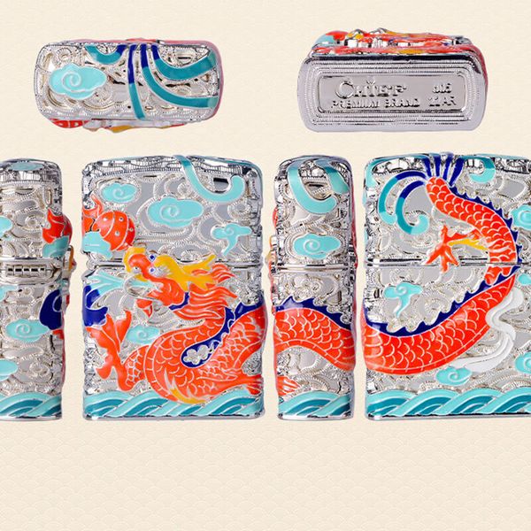 Bật lửa xăng đá Chief bọc lưới hoa văn chủ đề rồng thần CF1355-1356