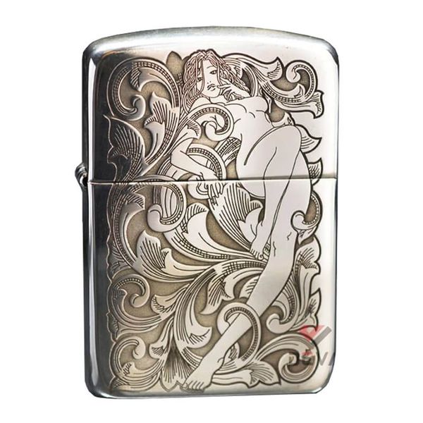 Zippo Bạc Khối Tái Bản 1941 Khắc Hoa Văn Cô Gái Sexy BK46