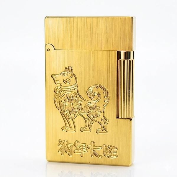 Bật lửa ST Dupont vàng xước khắc chìm chú chó linh vật D158