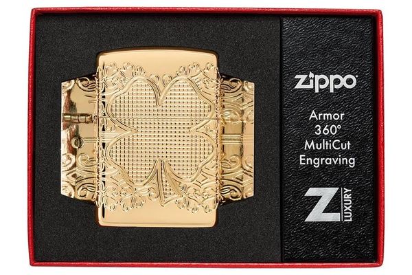 Zippo Lucky Clover Design Armor Luxury High Polish Gold Plate Z23