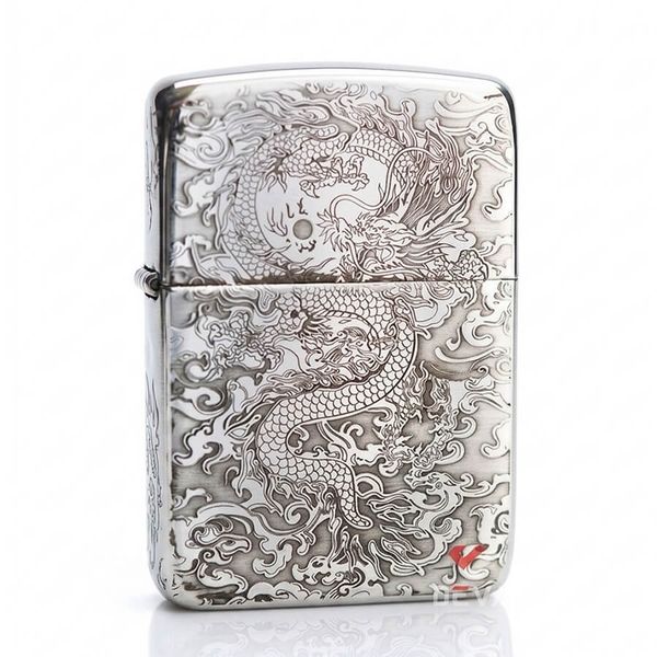Zippo Bạc Khối Tái Bản 1941 Khắc Hình Rồng Mây BK56