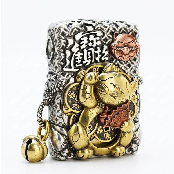 Zippo Vỏ Dày Ốp Hình Mèo Chiêu Tài và Cá Chép May Mắn ZN206