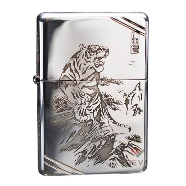Zippo Bạc Khối Tái Bản 1937 Vintage Chặt Góc Khắc Hổ Núi BK14
