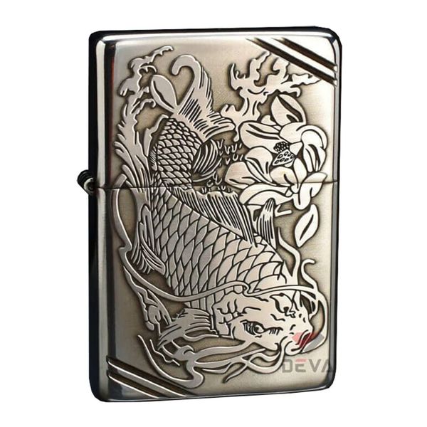 Zippo Bạc Khối Tái Bản 1937 Vintage Chặt Góc Khắc Cá Chép Trong Đầm Sen BK87