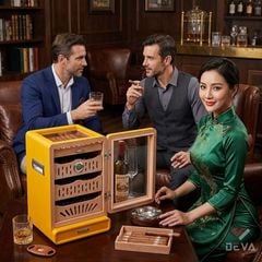 Hộp Giữ Ẩm Xì Gà Gỗ Tuyết Tùng Cao Cấp Có Kính 60013