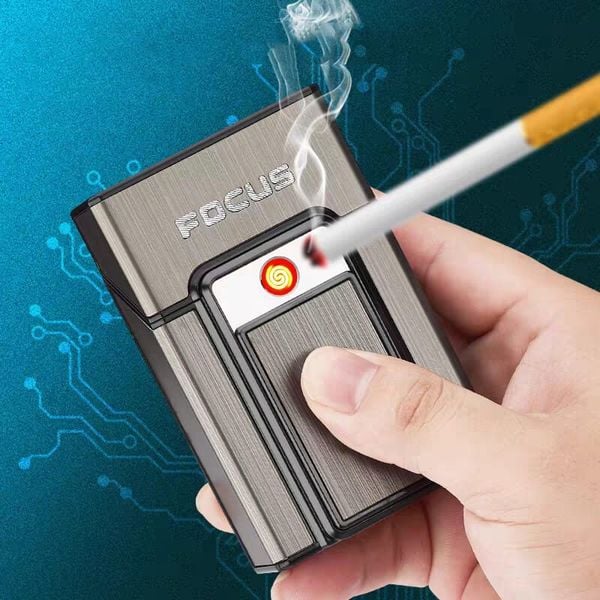 Hộp đựng thuốc lá Focus nguyên bao 20 điếu loại 6.5mm kèm bật lửa điện nhiệt JD YH071