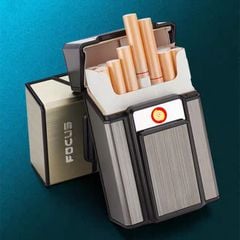 Hộp đựng thuốc lá Focus nguyên bao 20 điếu loại 6.5mm kèm bật lửa điện nhiệt JD YH071