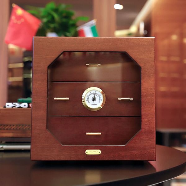 Hộp giữ ẩm Xì gà 60 điếu 3 ngăn có đồng hồ H007