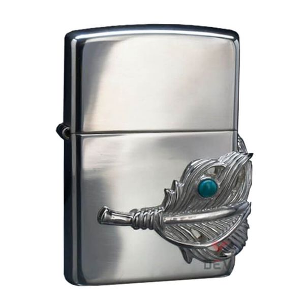 Zippo Bạc Khối Ốp Emblem Bạc Lông Vũ Gắn Lam Ngọc BK90