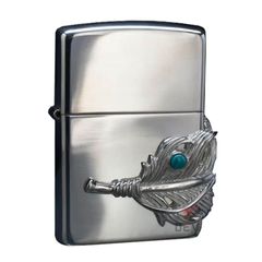 Zippo Bạc Khối Ốp Emblem Bạc Lông Vũ Gắn Lam Ngọc BK90