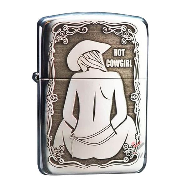 Zippo Bạc Khối Tái Bản 1941 Khắc Cô Gái Cao Bồi Quyến Rũ BK73