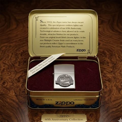 Zippo 1992 Kỷ Niệm 60 Năm (1932-1992) – Lớp Vỏ White Nickel Finish Sang Trọng – Đời VIII La Mã C95