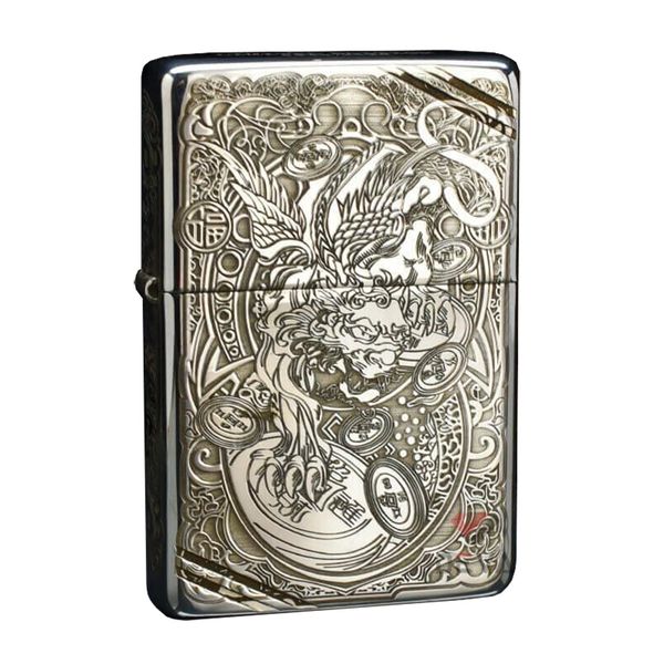Zippo Bạc Khối Tái Bản 1937 Chặt Góc Khắc Kỳ Lân Tài Lộc BK84