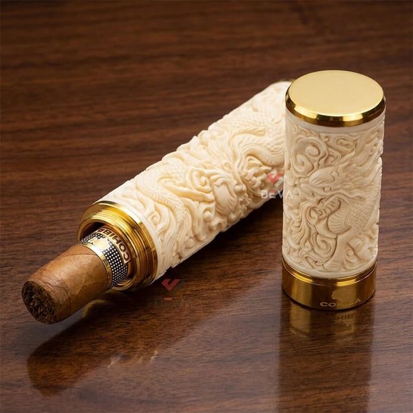 Ống xương đựng Cigar 1 điếu cao cấp khắc nổi tứ linh OX01