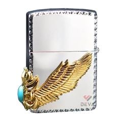 Zippo trắng Emblem đôi cánh thiên thần ốp đá xanh ngọc ZN330