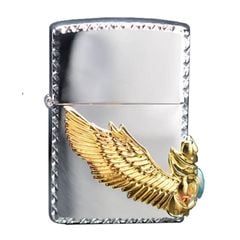 Zippo trắng Emblem đôi cánh thiên thần ốp đá xanh ngọc ZN330