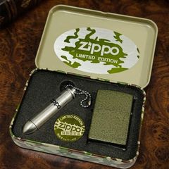 Set Zippo Limited Edition Quân Đội Mỹ – Vỏ Sơn Crackle Xanh Olive Chống Trầy – Kèm Bình Xăng Viên Đạn C130
