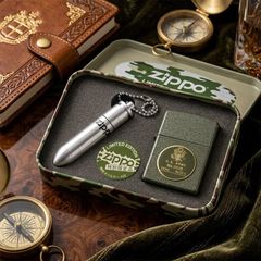 Set Zippo Limited Edition Quân Đội Mỹ – Vỏ Sơn Crackle Xanh Olive Chống Trầy – Kèm Bình Xăng Viên Đạn C130