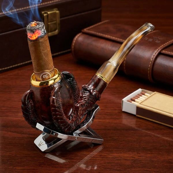 Tẩu Cigar gỗ đàn hương khắc hình vuốt rồng cán sừng Freesize TS19