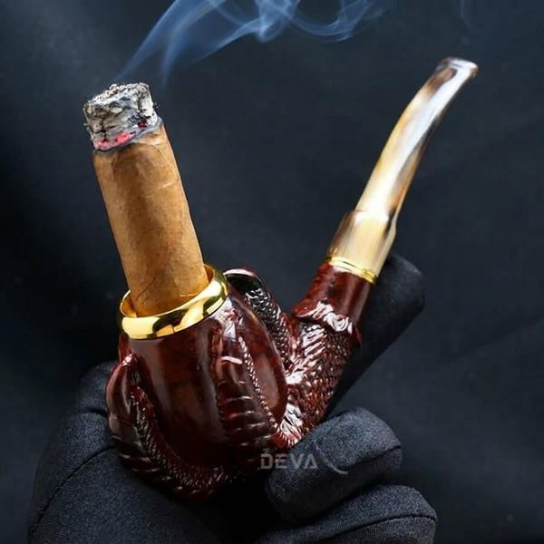 Tẩu Cigar gỗ đàn hương khắc hình vuốt rồng cán sừng Freesize TS19