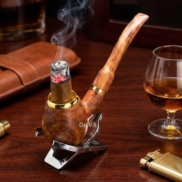Tẩu gỗ sưa cán đứng đế tròn ốp miệng mạ vàng Freesize TG06