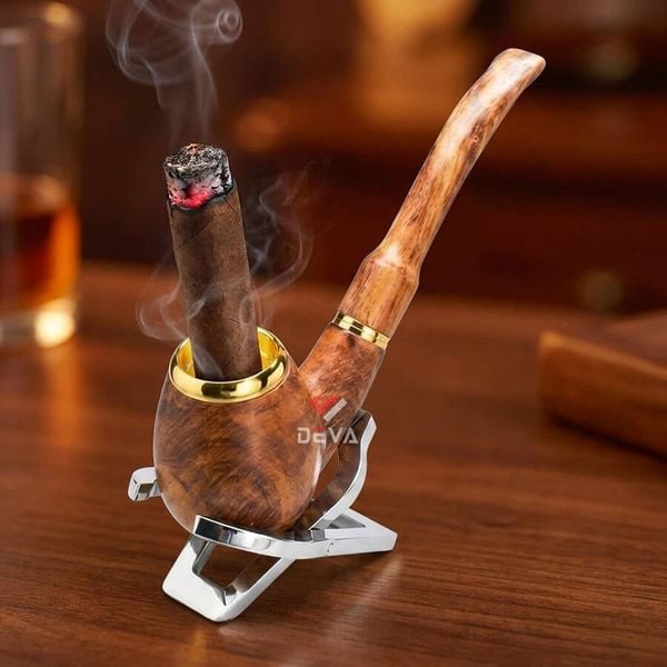 Tẩu gỗ sưa cán đứng đế tròn ốp miệng mạ vàng Freesize TG06