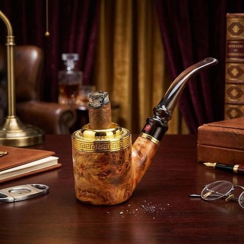 Tẩu  Xì Gà cán sừng bọc hoa văn mạ vàng Freesize TS15