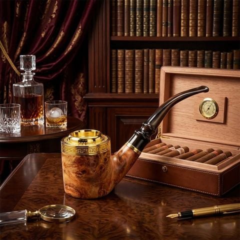 Tẩu  Xì Gà cán sừng bọc hoa văn mạ vàng Freesize TS15