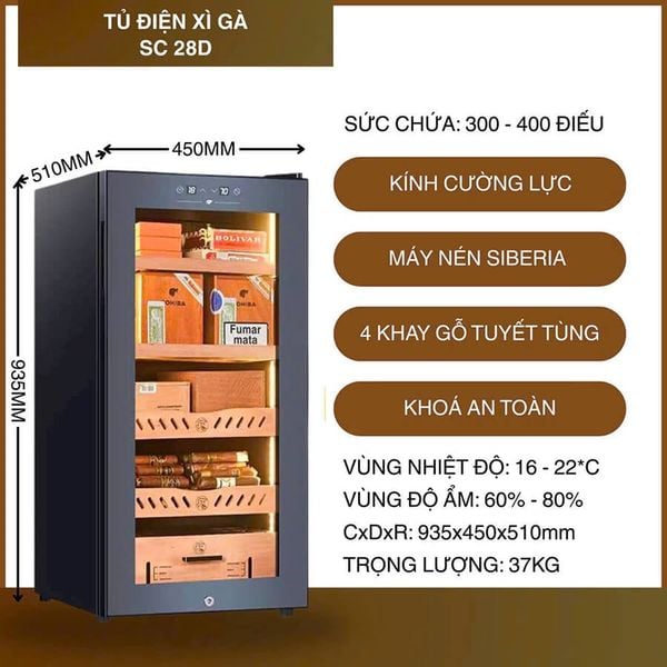 Tủ Điện Bảo Quản Xì Gà SC-28D – Sức Chứa 300–400 Điếu