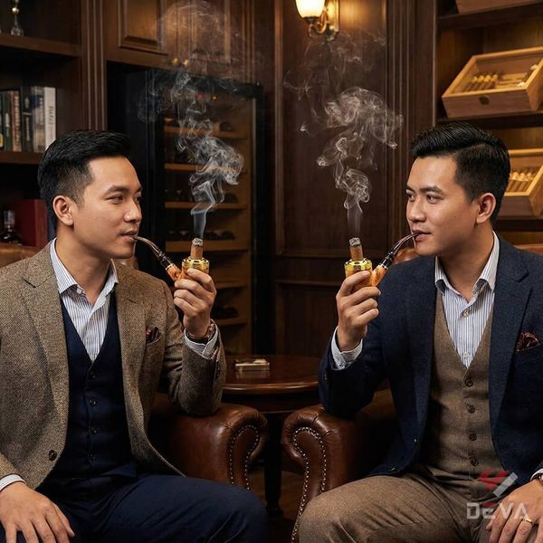 Tẩu  Xì Gà cán sừng bọc hoa văn mạ vàng Freesize TS15
