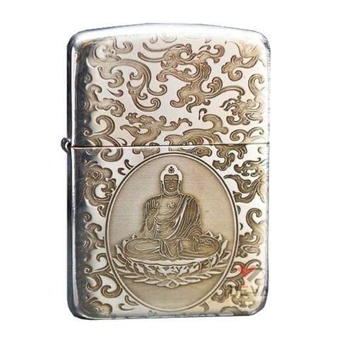 Zippo Bạc Khối Tái Bản 1941 Chủ Đề Phật Ngự Đài Sen BK71