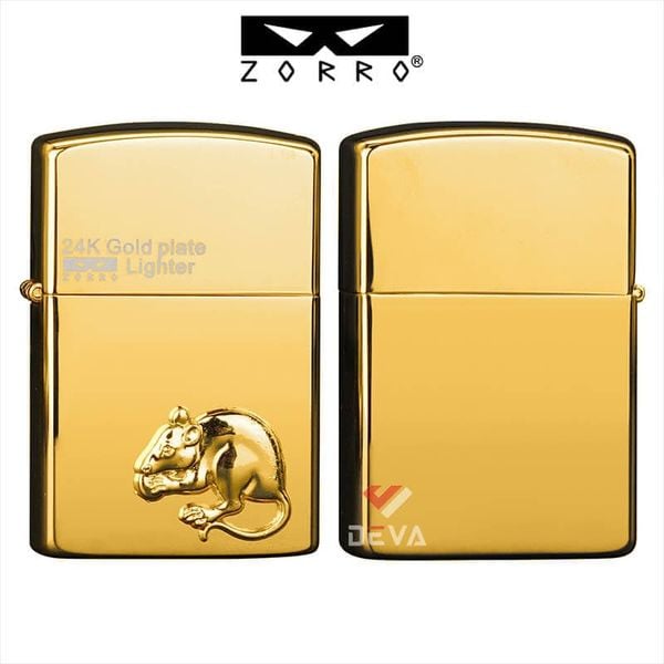 Bật lửa xăng đá chính hãng Zorro  ốp Emblem hình 12 con giáp mạ vàng 24K Z2-1099