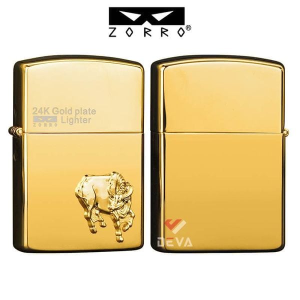 Bật lửa xăng đá chính hãng Zorro  ốp Emblem hình 12 con giáp mạ vàng 24K Z2-1099