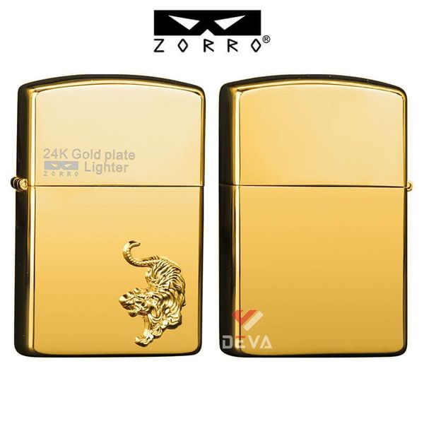 Bật lửa xăng đá chính hãng Zorro  ốp Emblem hình 12 con giáp mạ vàng 24K Z2-1099