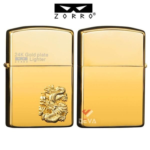 Bật lửa xăng đá chính hãng Zorro  ốp Emblem hình 12 con giáp mạ vàng 24K Z2-1099