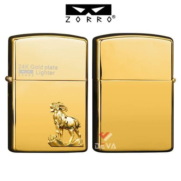 Bật lửa xăng đá chính hãng Zorro  ốp Emblem hình 12 con giáp mạ vàng 24K Z2-1099