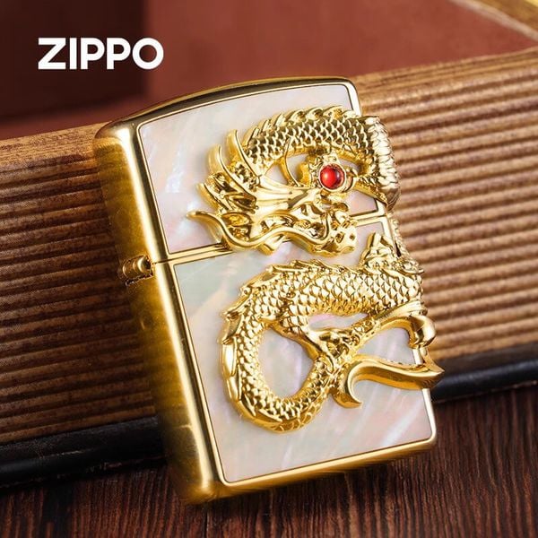 Zippo Khảm Trai Ốp Tượng Rồng Mạ Vàng Cầm Ngọc ZN300