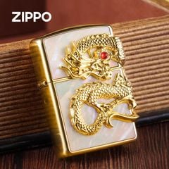 Zippo Khảm Trai Ốp Tượng Rồng Mạ Vàng Cầm Ngọc ZN300