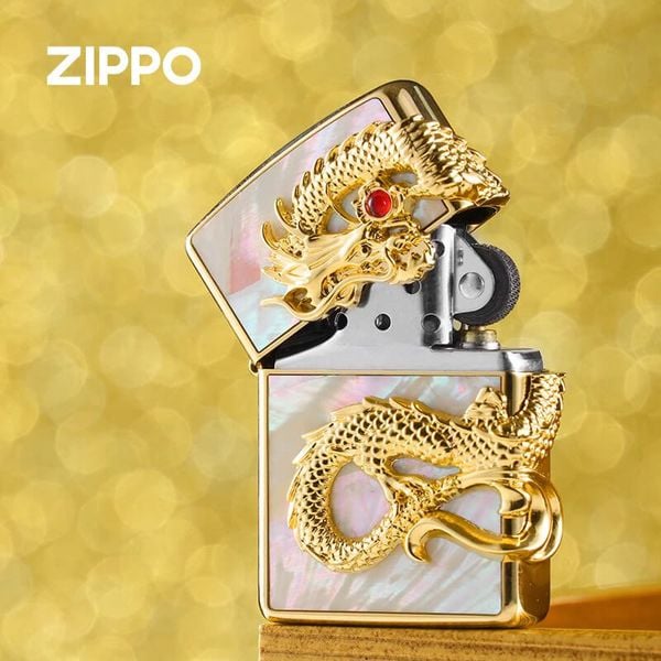 Zippo Khảm Trai Ốp Tượng Rồng Mạ Vàng Cầm Ngọc ZN300