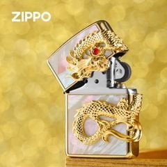 Zippo Khảm Trai Ốp Tượng Rồng Mạ Vàng Cầm Ngọc ZN300