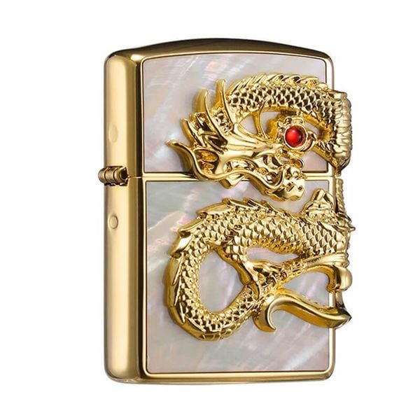 Zippo Khảm Trai Ốp Tượng Rồng Mạ Vàng Cầm Ngọc ZN300