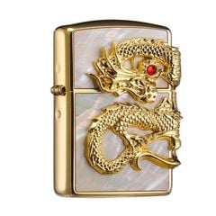 Zippo Khảm Trai Ốp Tượng Rồng Mạ Vàng Cầm Ngọc ZN300