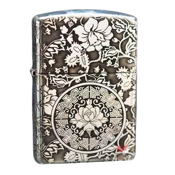 Zippo Bạc Khối Armor Khắc Hình Hoa Mẫu Đơn Các Mặt BK63