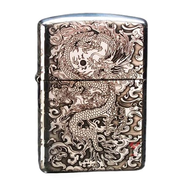 Zippo Bạc Khối Armor Khắc Rồng Mây BK82