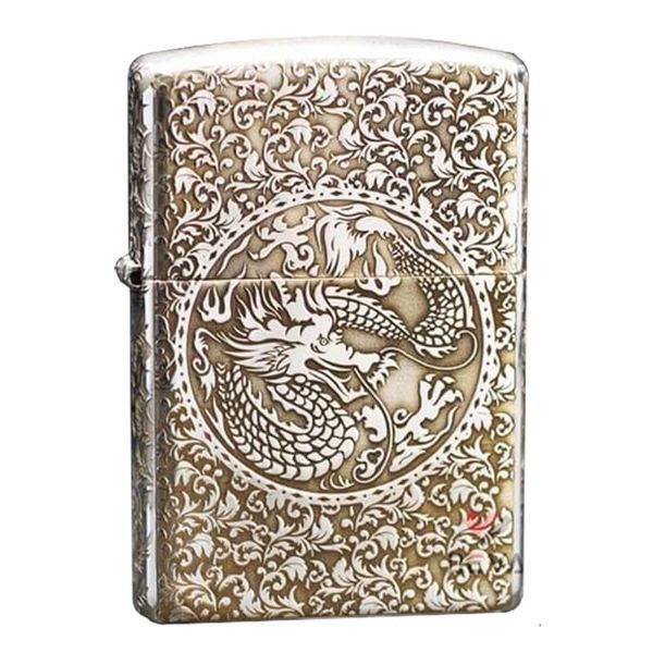 Zippo Bạc Khối Khắc Hoa Văn Rồng Phượng BK47