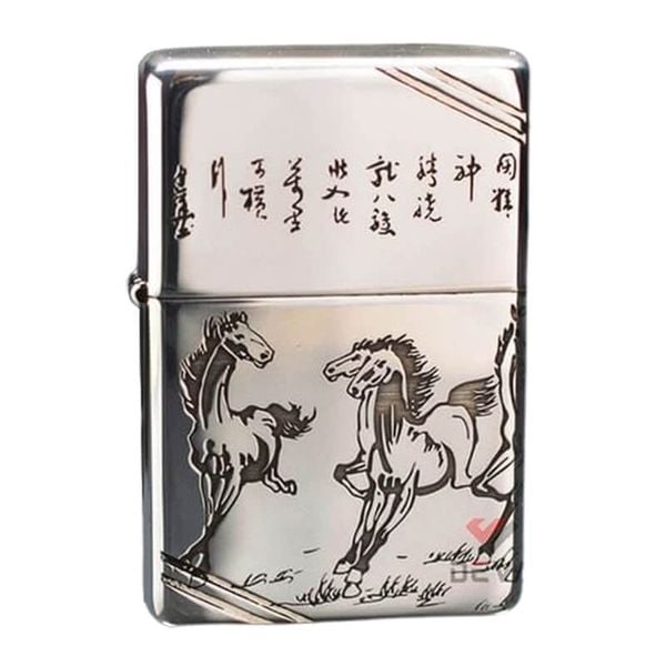 Zippo Bạc Khối Chặt Góc Khắc Đàn Ngựa Mã Đáo Thành Công BK78