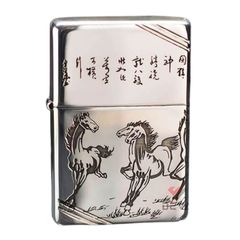Zippo Bạc Khối Chặt Góc Khắc Đàn Ngựa Mã Đáo Thành Công BK78