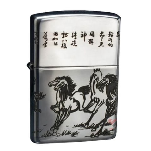 Zippo Bạc Khối Khắc Đàn Ngựa Mã Đáo Thành Công BK10