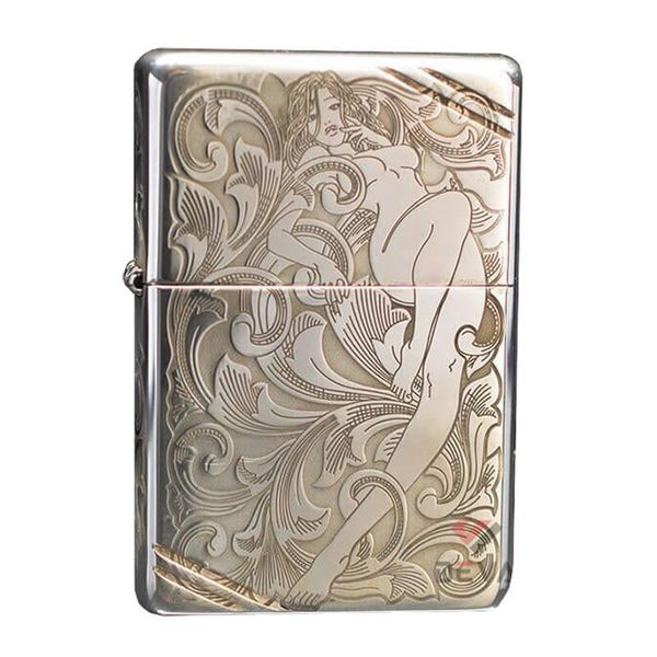 Zippo Bạc Khối Vintage Tái Bản 1937 Chặt Góc Chủ Đề Cô Gái Sexy BK07